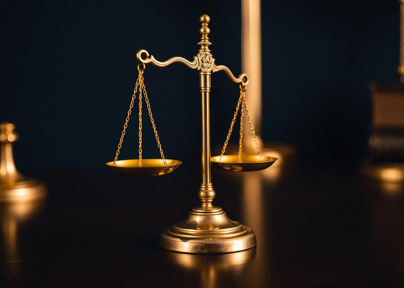 Scales of justice on a dark wooden desk